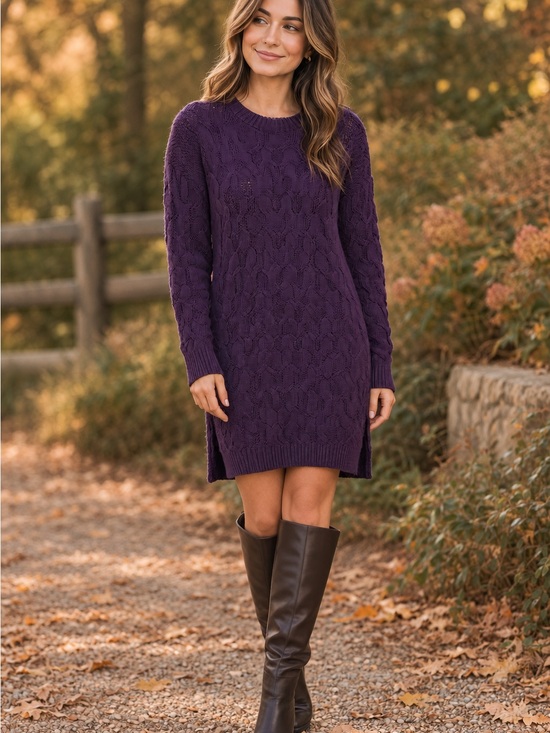 JEANNE PIERRE Dresses & Skirts - JEANNE PIERRE Cable Knit Sweater Mini Dress in Purple 100% Cotton